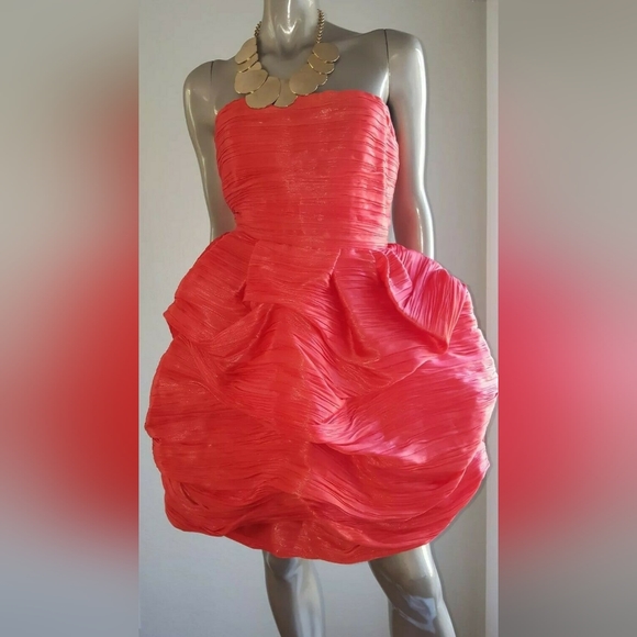 °$6,000 OSCAR DE LA RENTA STUNNING SILK CORAL RED ROSE PLEADED RUNWAY DRESS 6, 8 - Picture 1 of 14